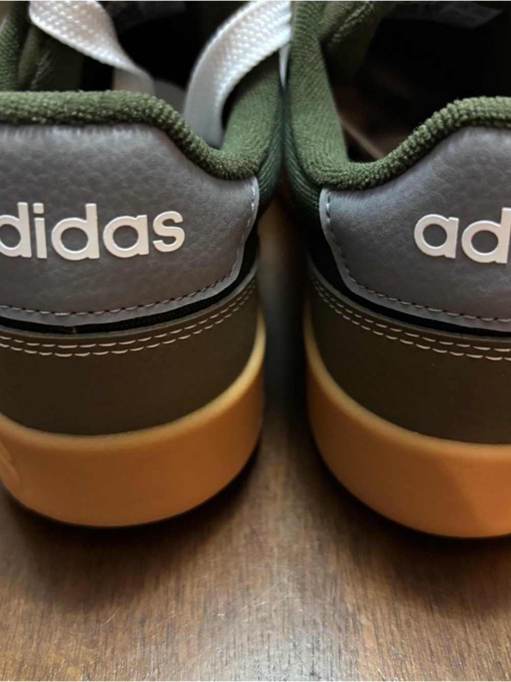adidas Olive Green Low-Top Sneakers with White Stripes and Gum Sole - Picture 2 of 8